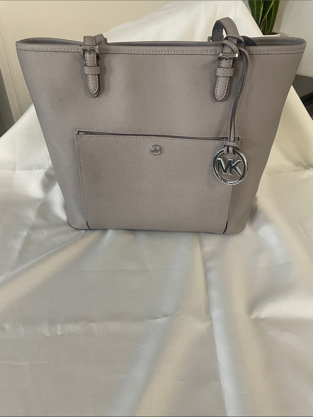 Michael Kors Taupe/Grey Saffiano Leather Tote with MK Charm